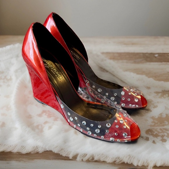 Donald J Pliner Couture Rhinestone Wedge Burnt Red Retro Shoes Women US Size 10M - Picture 1 of 16